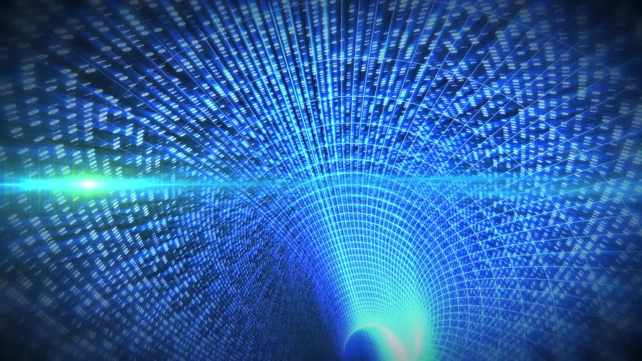 animación digital de un punto de luz contra un túnel digital azul en el fondo