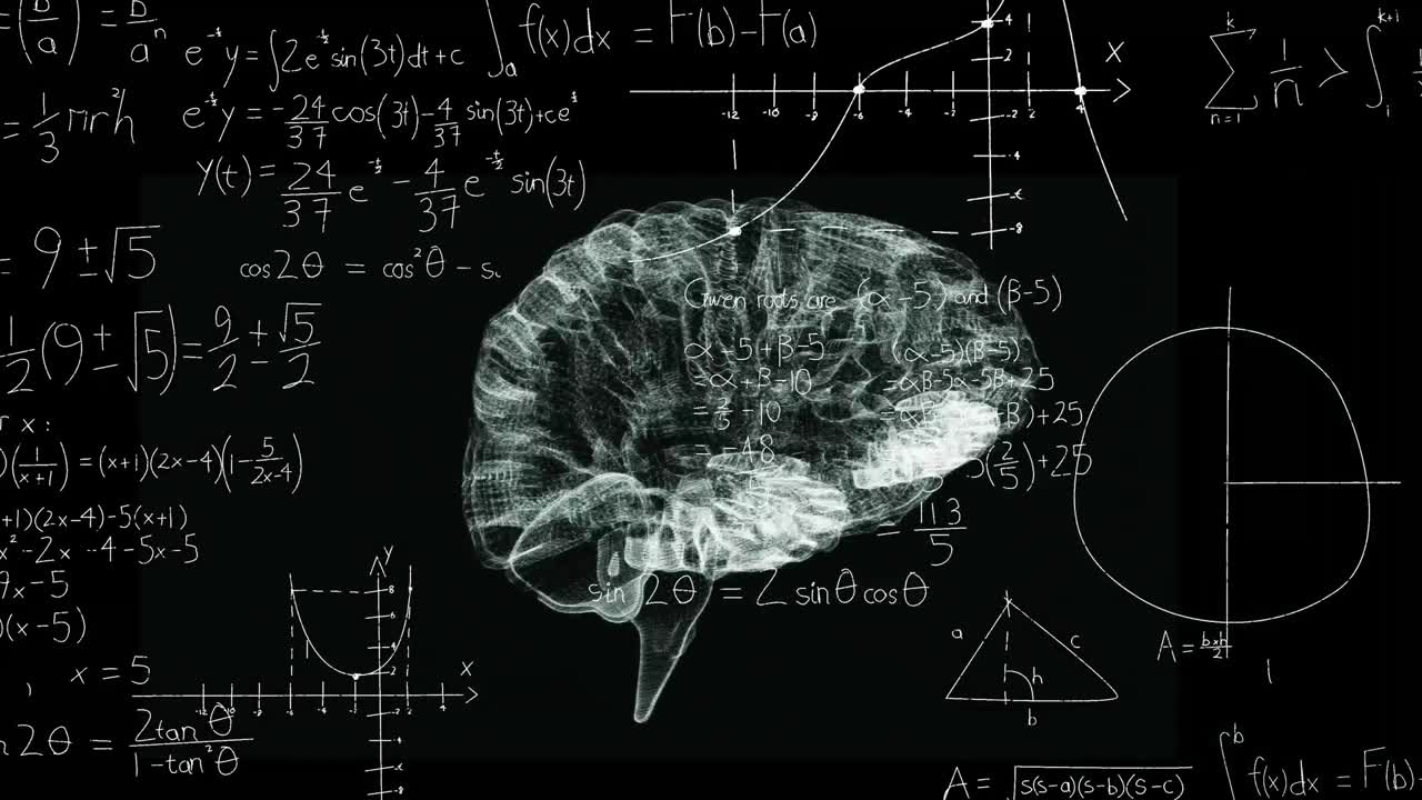 animación de ecuaciones matemáticas sobre el icono del cerebro humano giratorio contra un fondo negro