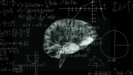 Animation-of-mathematical-equations-over-spinning-human-brain-icon-against-black-background