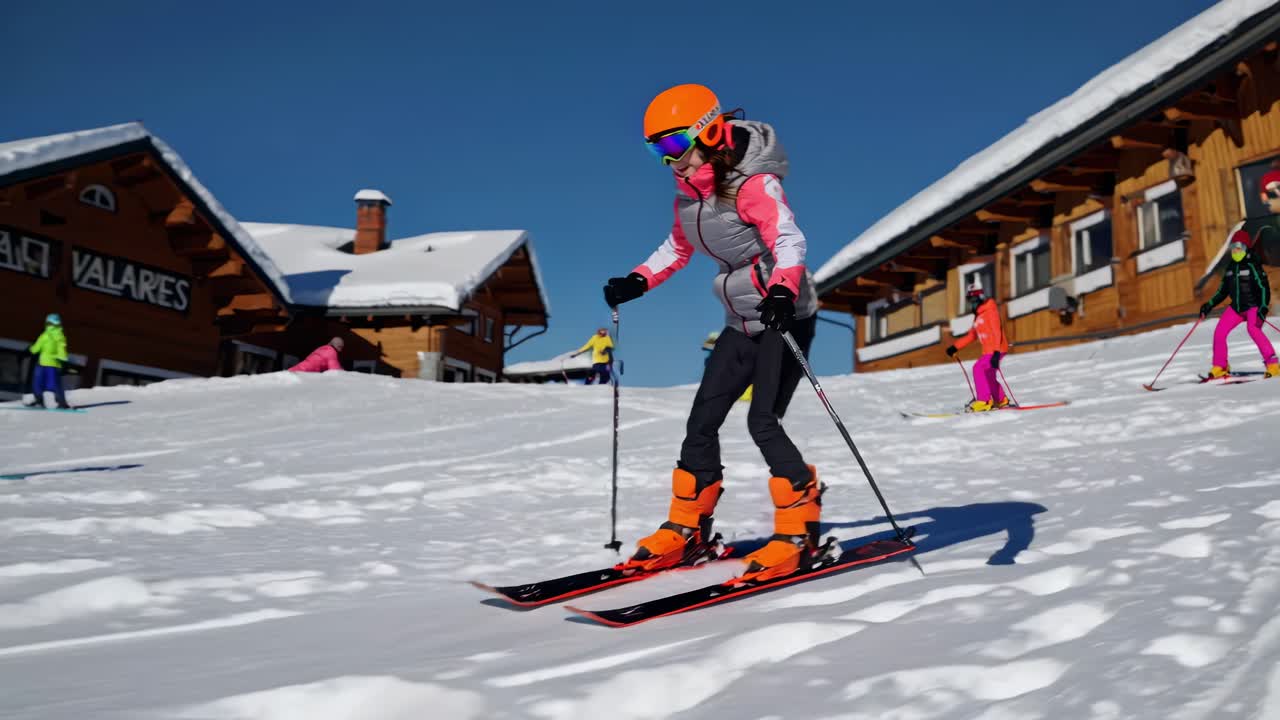 밝은 오렌지색 헬과 보호 안경을 착용 한 겨울 스키 선수는 나무 레 근처의 눈 인 산 경사에서 부드럽게 미끄러져 알파인 레크리에이션 자유와 겨울 스포츠 에너지를 구현합니다.