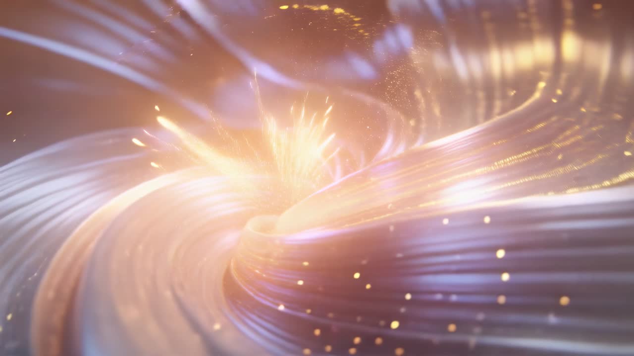 Fasce di nastro che si avvolgono verso l'interno, stringendosi verso il nucleo in uno spazio digitale, formando un vortice con scintille dorate.
