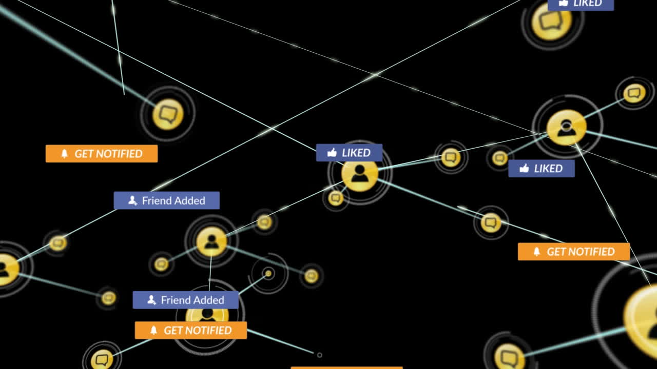 animación de iconos y emojis de redes sociales que caen sobre un fondo negro