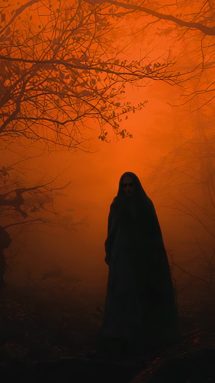 Vertical video: Settling orange mist driving robed figure moving into foggy clearing, cloak swaying