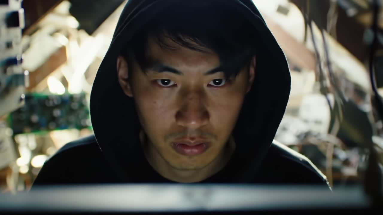 Intense Focus: A Individual in a Dark Hoodie Analyzes Data on a Computer Screen Surrounded by Complex Equipment and Wires