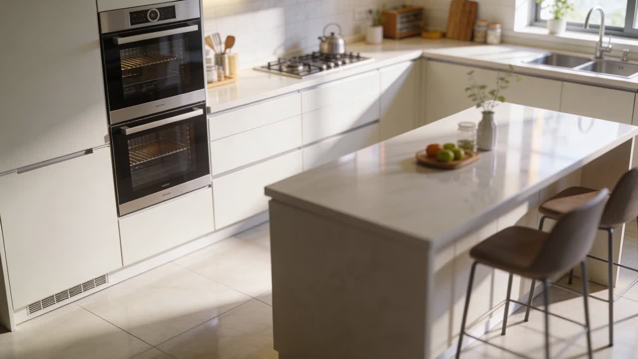 Luce solare cangiante che mette a fuoco l'isola della cucina in una cucina moderna, con vaso e vassoio di frutta