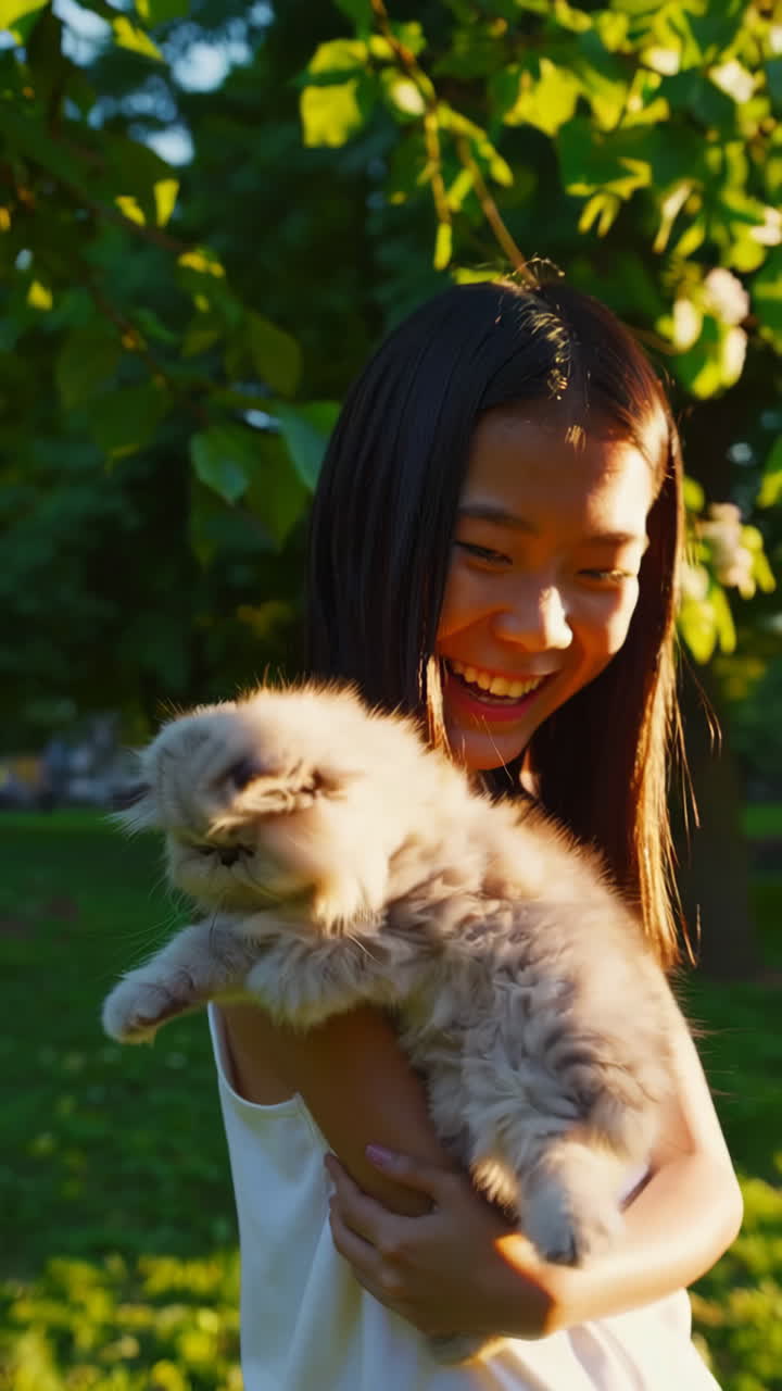 Happy Young Woman Cuddling Her Fluffy Cat Outdoors in Sunlight