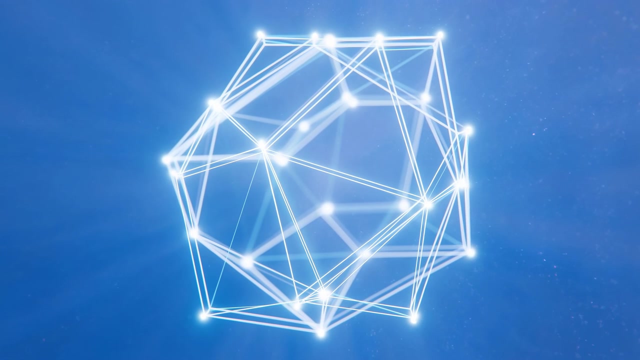 Bright abstract geometric wireframe form glowing in the center of a blue background, with thin connecting lines, light points, soft flare, and a sleek