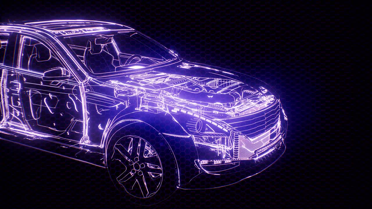 Animazione olografica di modello auto wireframe 3D con motore