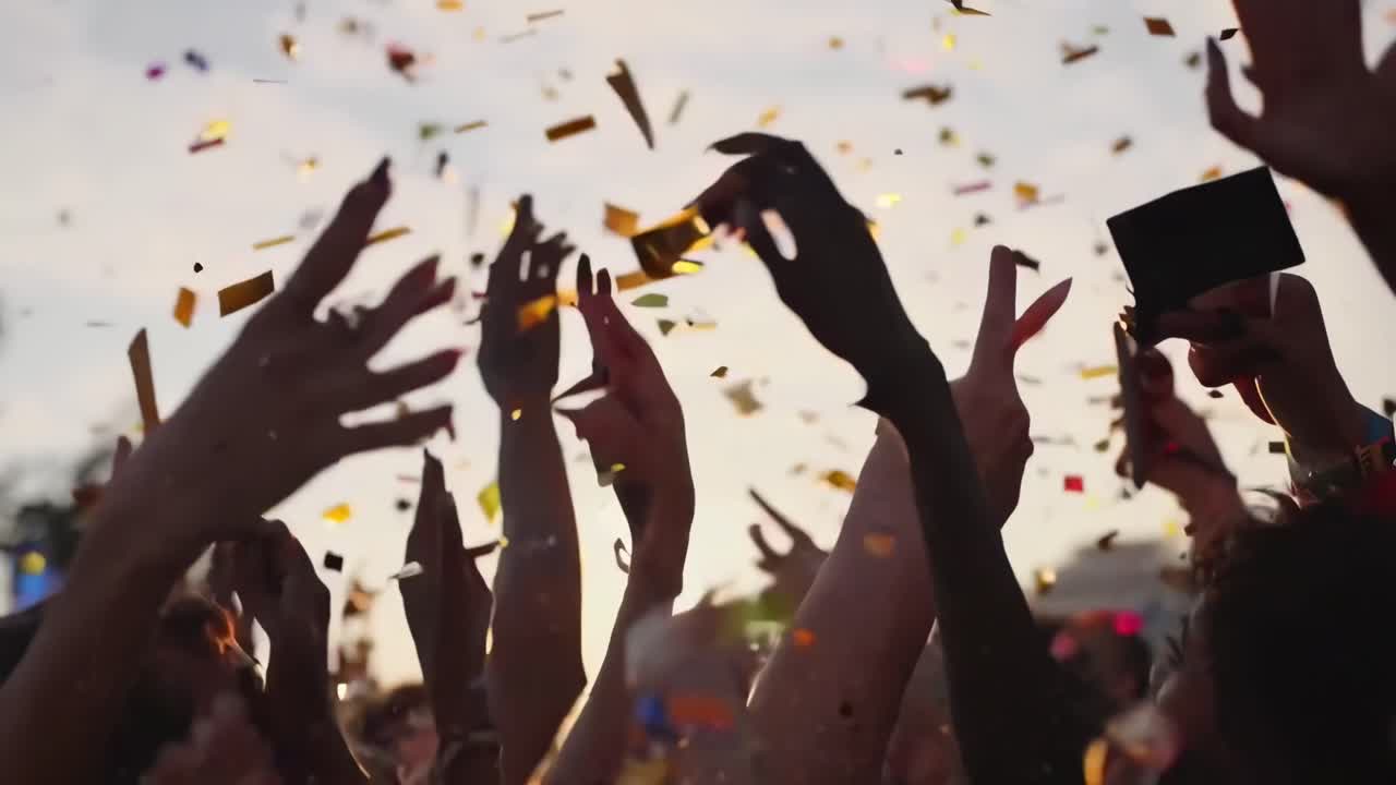 Video ripreso dal basso di mani alzate in celebrazione, con coriandoli colorati in aria