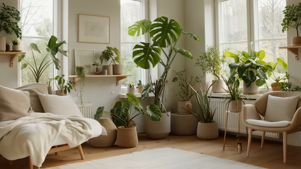 A cozy living room filled with various houseplants and natural light