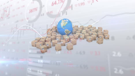 animation of financial data processing over globe and cardboard boxes