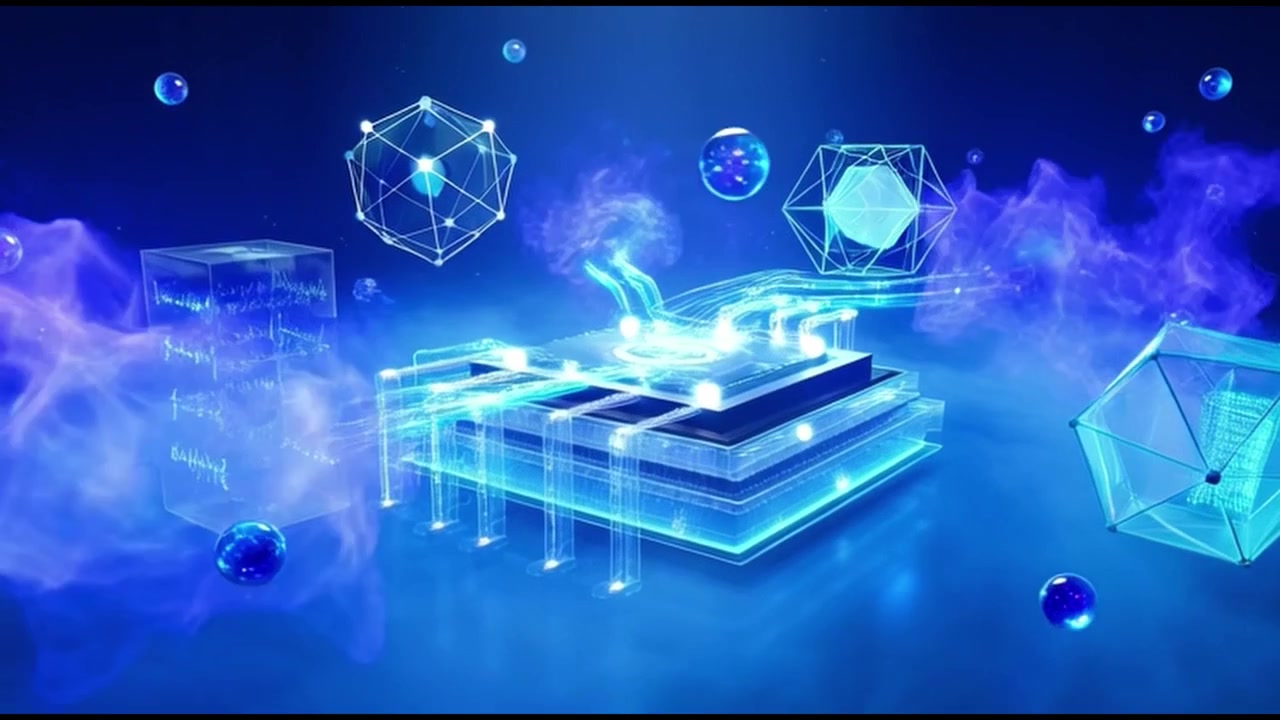 Digital Processor Chip with Floating Geometric Shapes and Data Visualization