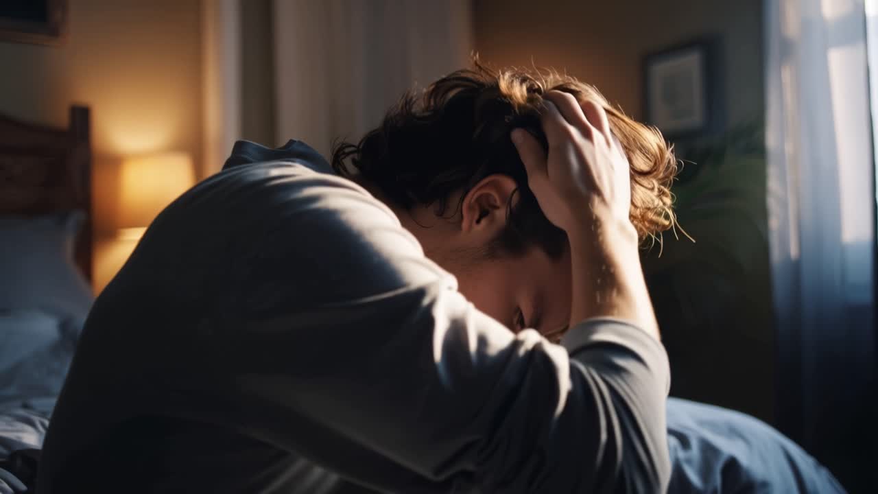 Jovem sentado em um quarto com pouca luz. Ele apoia a cabeça nas mãos, olhando pela janela. A luz suave do sol filtra pelas cortinas. A emoção parece pesada, introspectiva ou sobrecarregada. Ideal para humor, estresse.