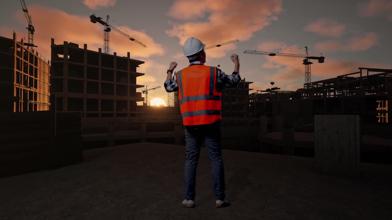 Full Body Back View Of A Male Engineer With Safety Helmet Raising His Hands Celebrating While Working At Building & Construction Site in Progress to New House