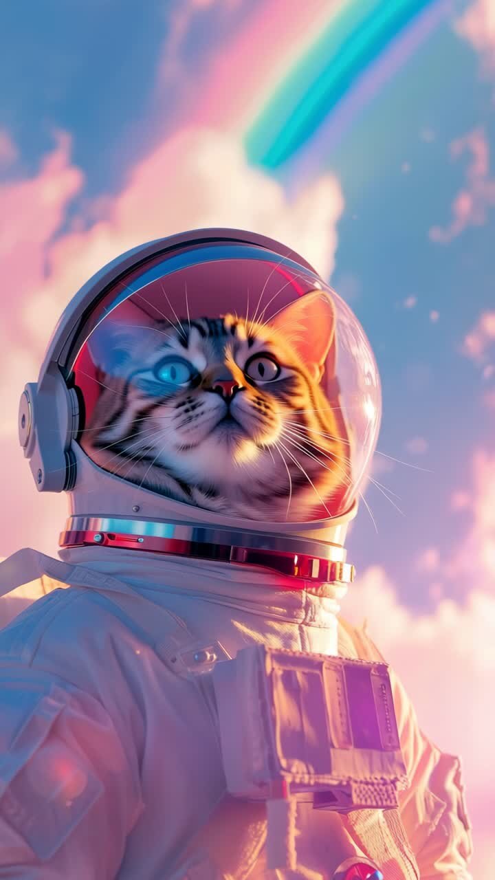 A whimsical video concept featuring a cat in a spacesuit gazing upwards