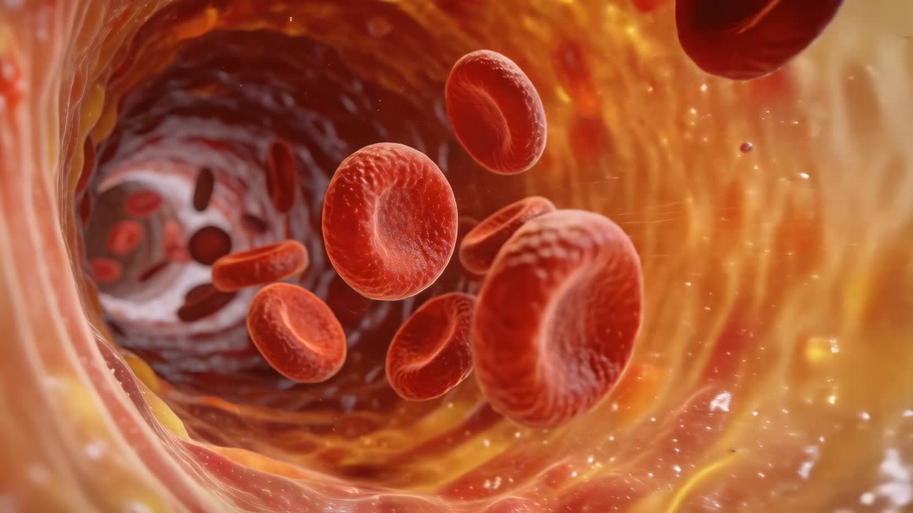 Pulsing heartbeat propelling red blood cells flowing through vessel lumen, showing plasma particles