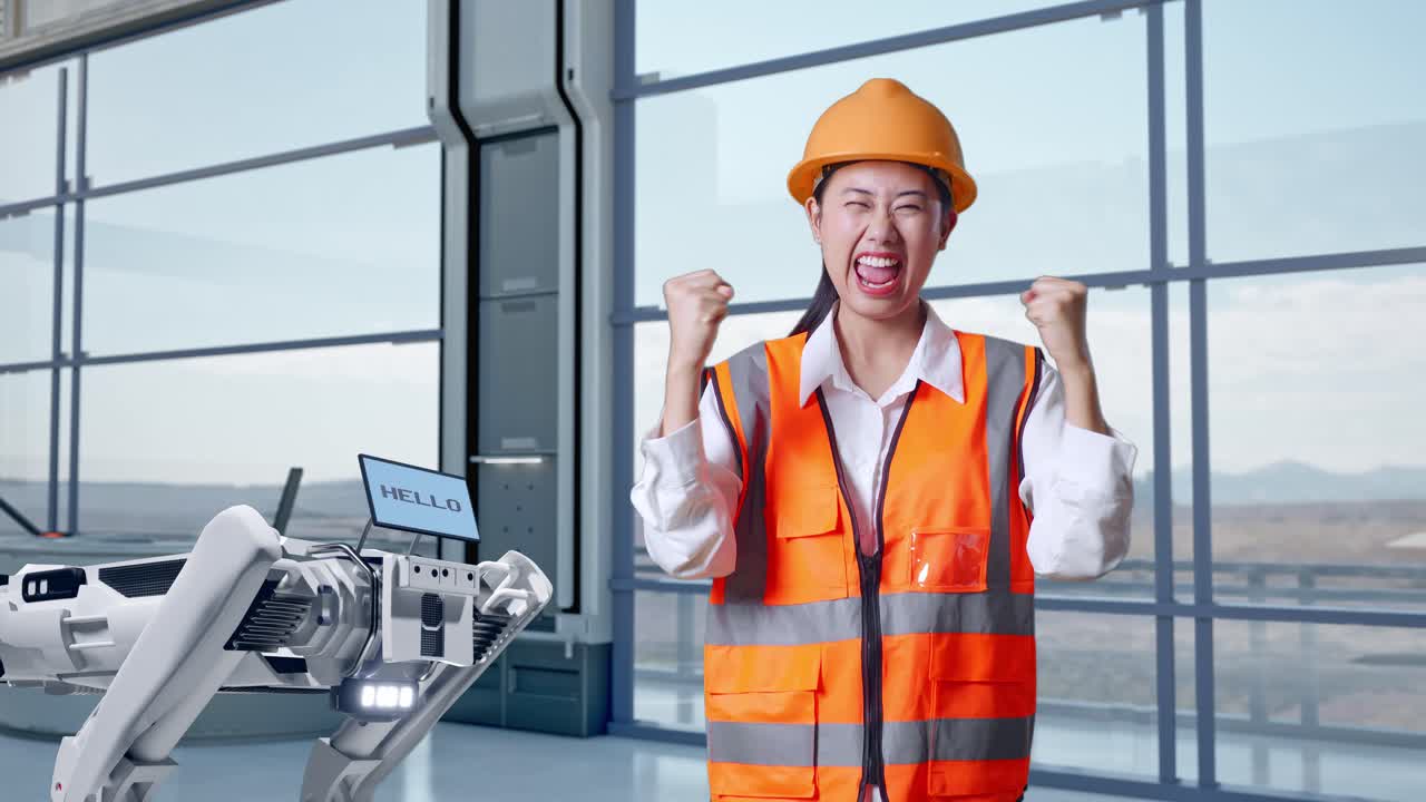 흥분한 여성 엔지니어가 현대 공장에서 로과 함께 축하하고 있습니다.