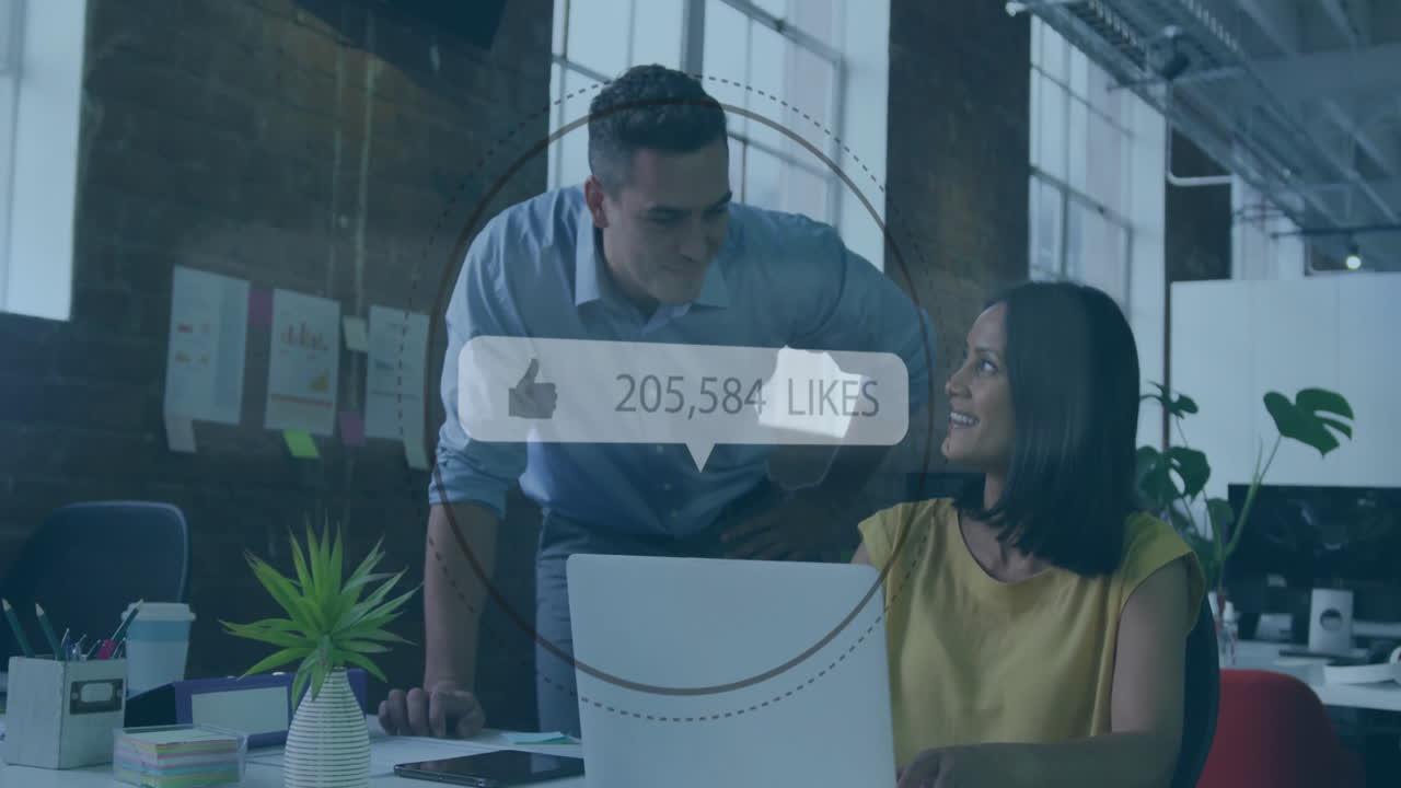 Discussing social media likes, business colleagues using digital interface in office