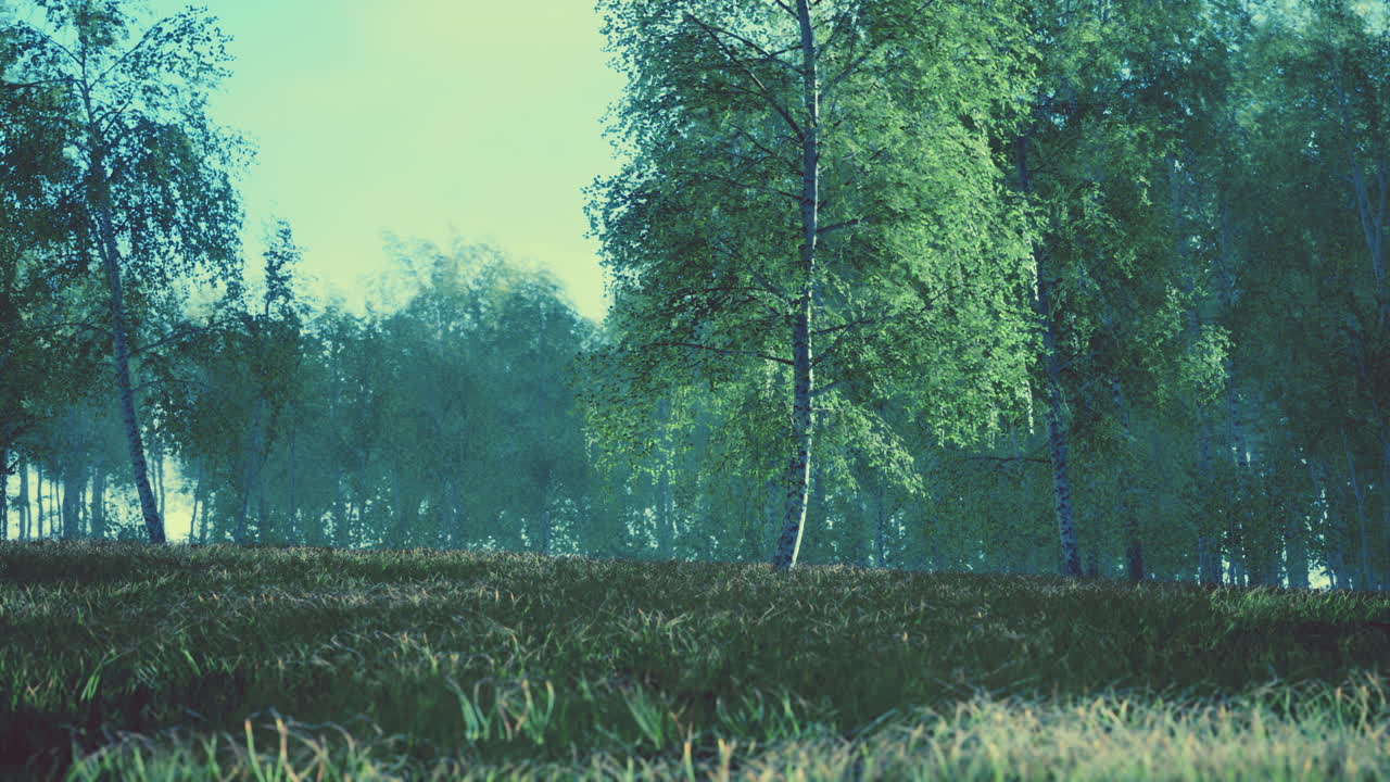 Summery birch grove during a foggy sunrise