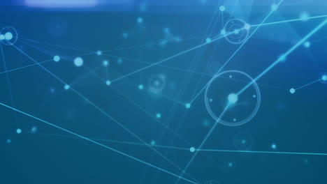 animation of network of connections and data processing over shapes on blue background