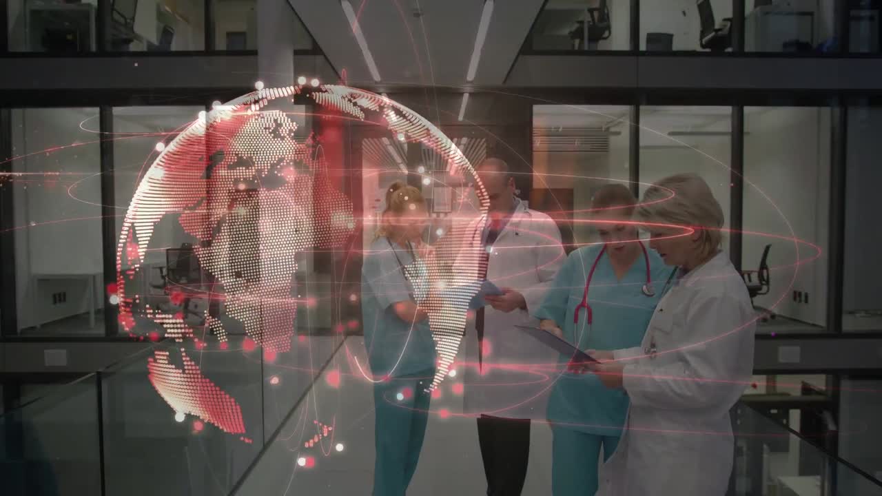 연결의 애니메이션과 카우카시안 여성과 남성 의사들이 이야기하는 세계