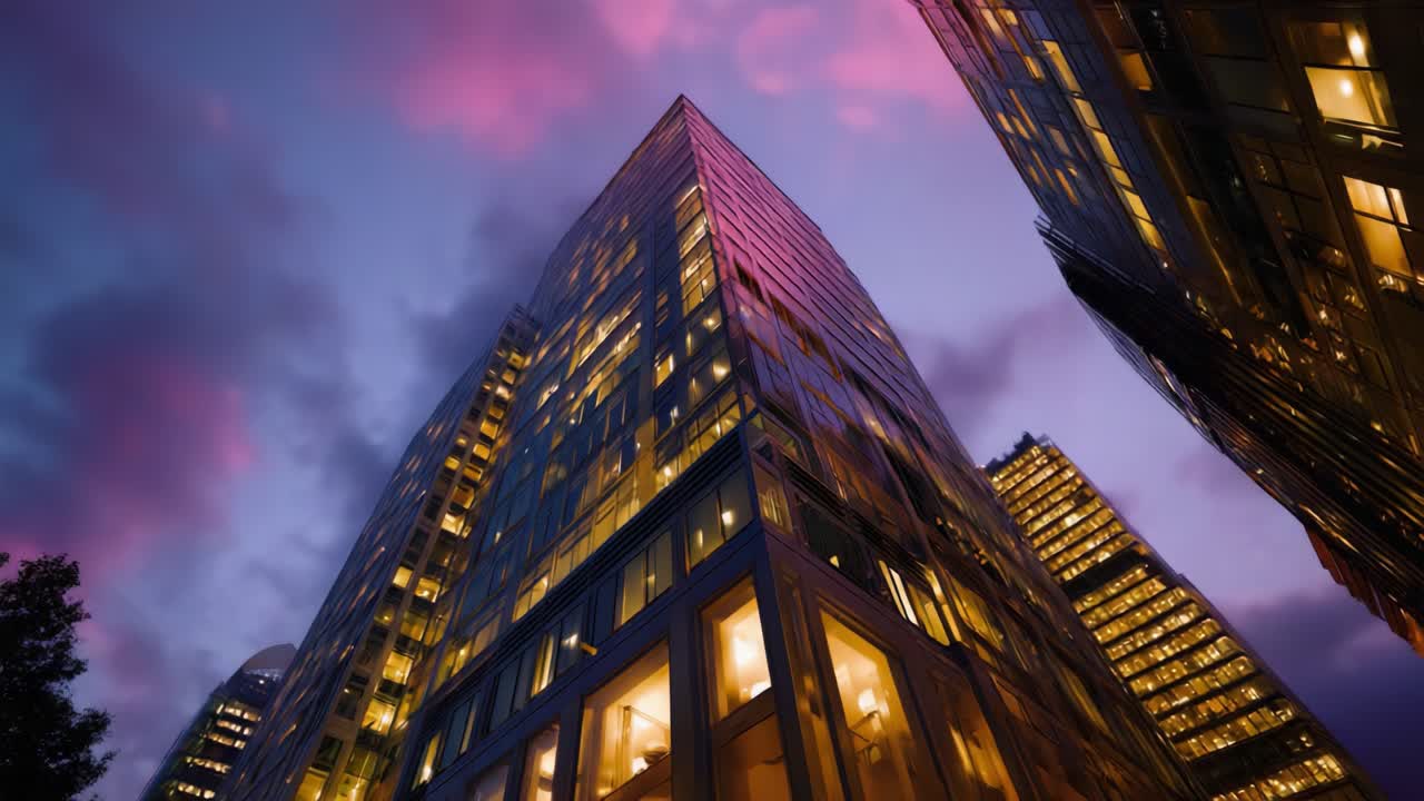 Arranha-céus urbanos cativantes sob um céu crepuscular multicolorido e dramático, exibindo designs arquitetônicos elegantes e iluminação da vida moderna na cidade
