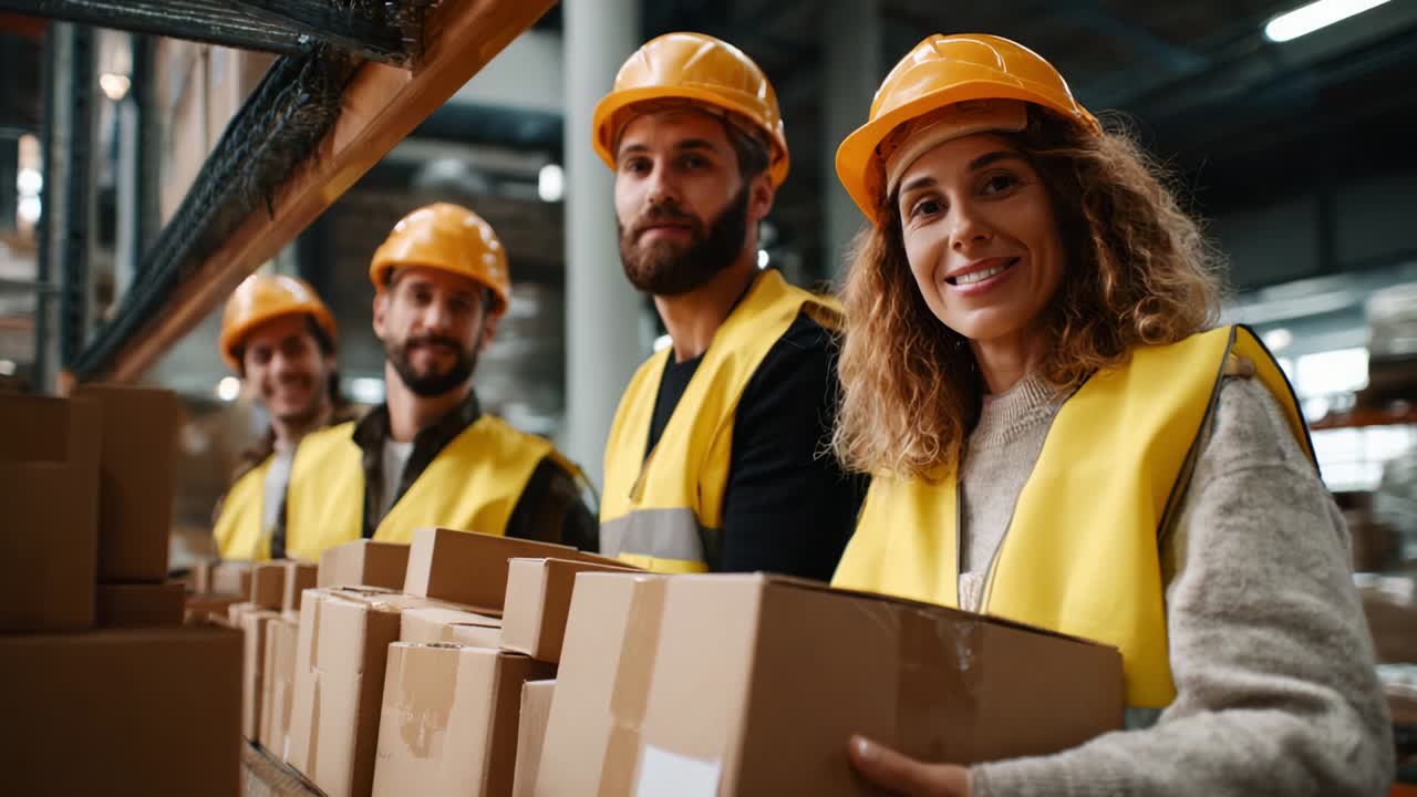 Workers in Safety Gear Showcase Teamwork and Productivity in Warehouse Setting, Smiling with Confidence and Pride as They Handle Packages and Prepare for Efficient Logistics Operations