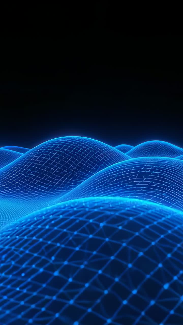 Vertical video: Advancing dolly showing neon wireframe mesh over black void, nodes pulsing