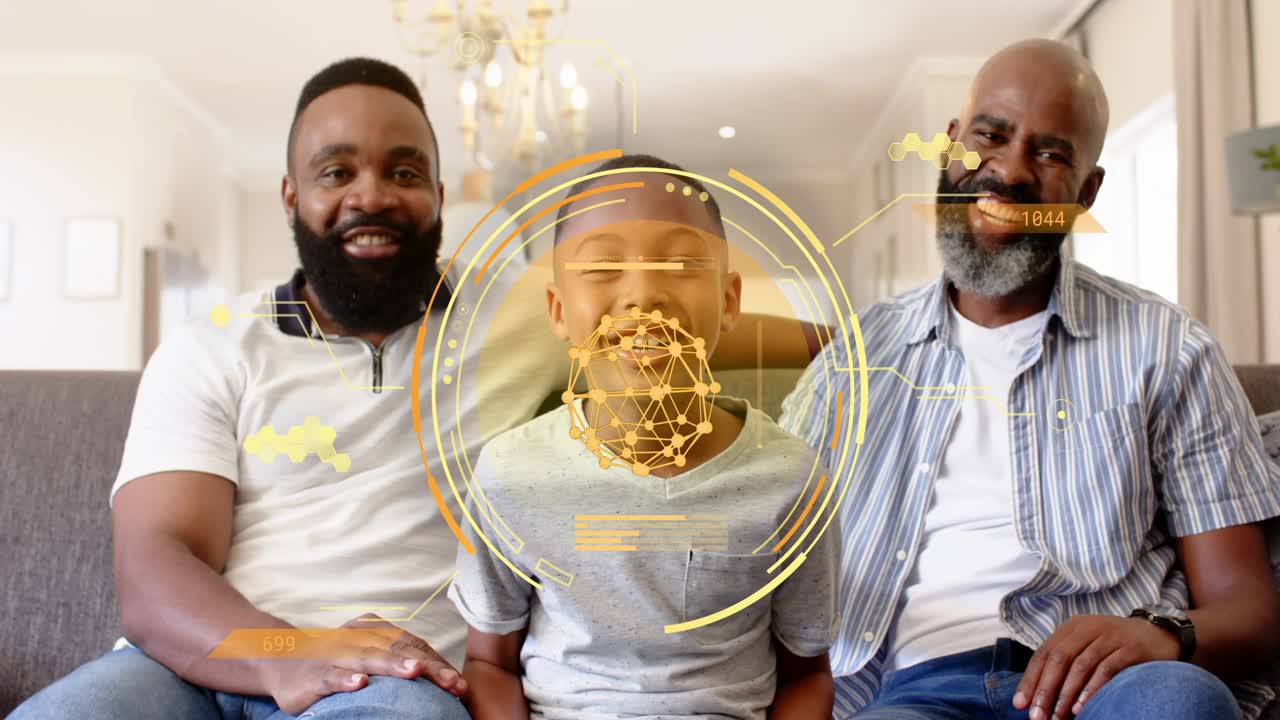 Boy shifting on sofa, men placing hands ruffling hair, causing giggling, health HUD tracking torso