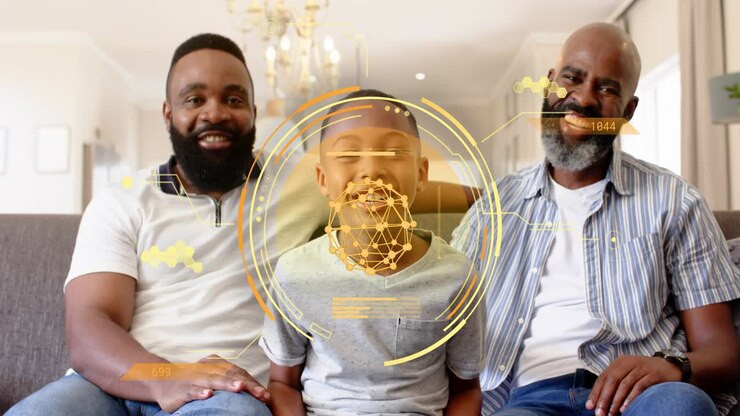 Boy shifting on sofa, men placing hands ruffling hair, causing giggling, health HUD tracking torso