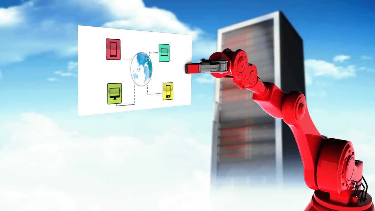 video generado digitalmente de una tarjeta de retención de brazo robótico rojo con icono de red