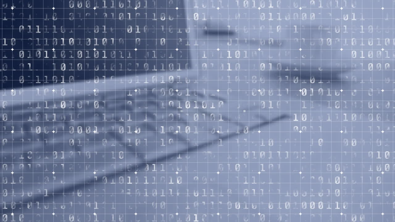 Animation of binary coding over laptop in background