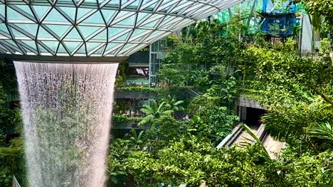 singapore jewel indoor slomo waterfall vortex at changi airport - very slow pan left tree canopy