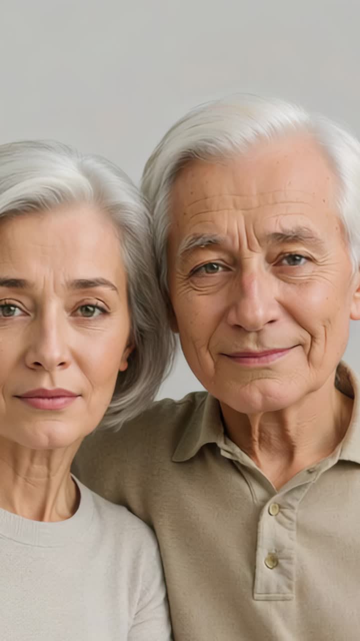 Vertical video: Responding to timer, senior couple blinking and shifting arm in studio, posing