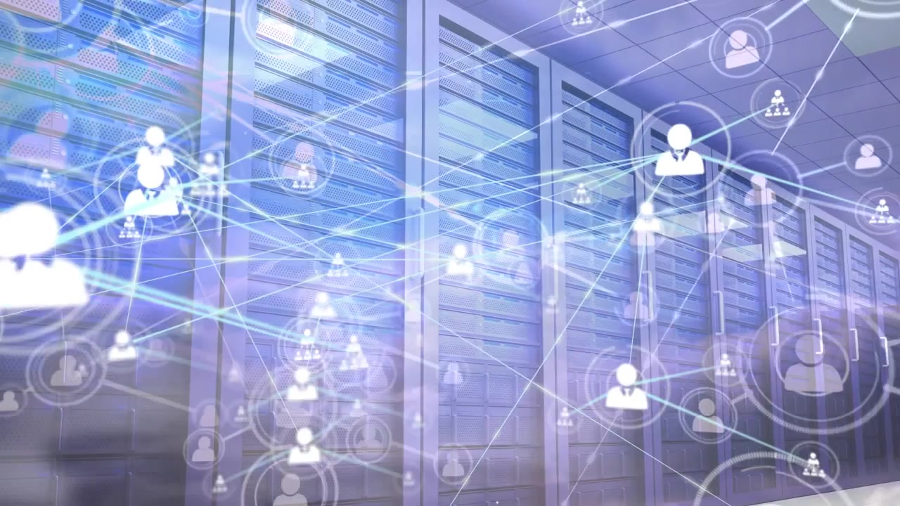 Animation of network of connections with people icons, data processing over computer servers