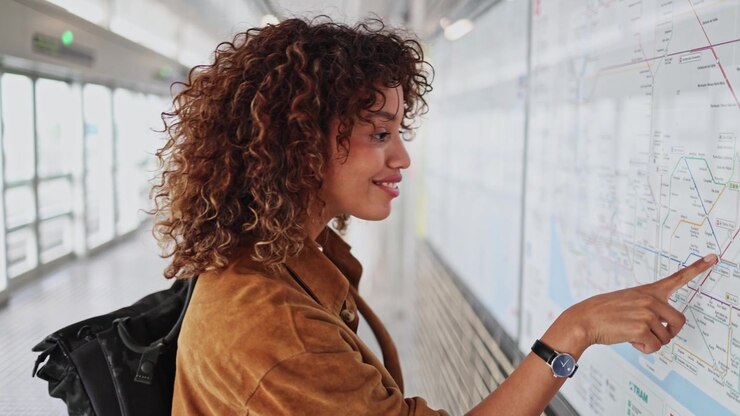 Young Woman Pointing at a Public Transport Map in a Station