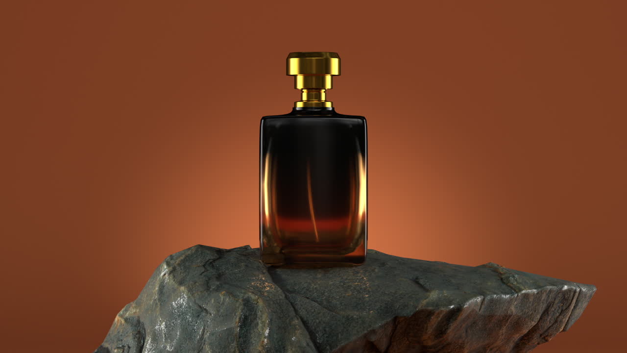 Flacone di profumo Premium con tappo dorato su una roccia