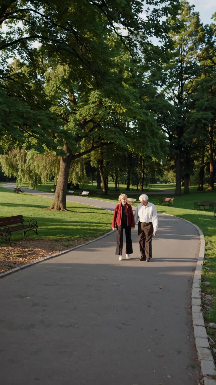 Senior couple enjoying a leisurely stroll through a tranquil city park, surrounded by lush greenery and dappled sunlight, creating a serene atmosphere of peace and companionship