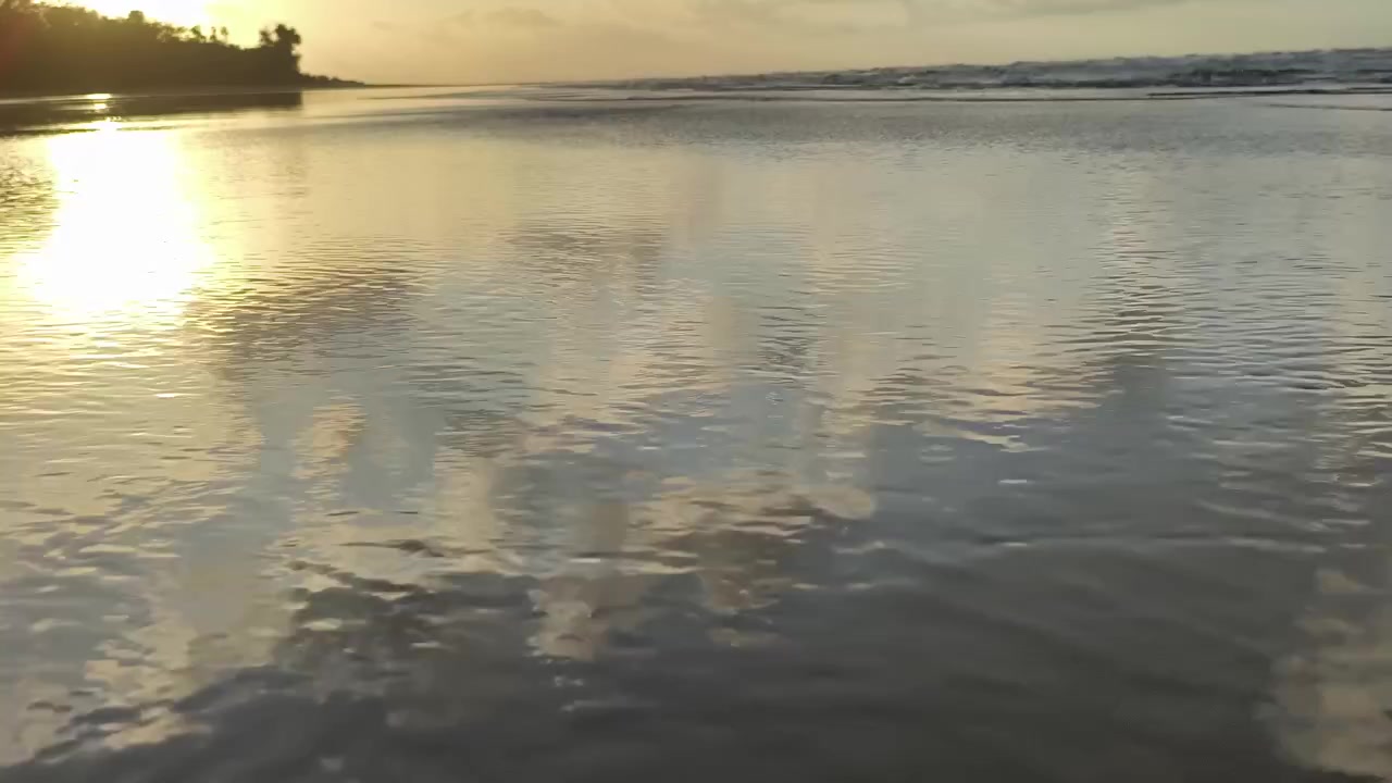 Reflejo de Atardecer Dorado en la Orilla de Playa de Arena Húmeda