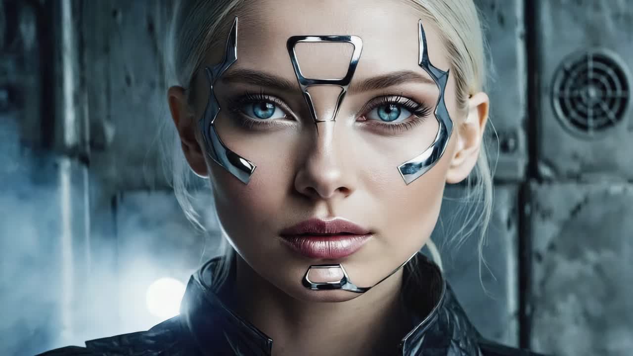 Ritratto di Donna Cyborg Futuristica con Potenziamenti Cibernetici