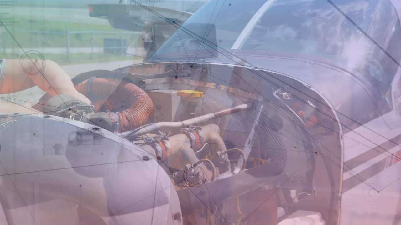 백인 남성 조종사와 비행기를 통해 연결 네트워크의 애니메이션.