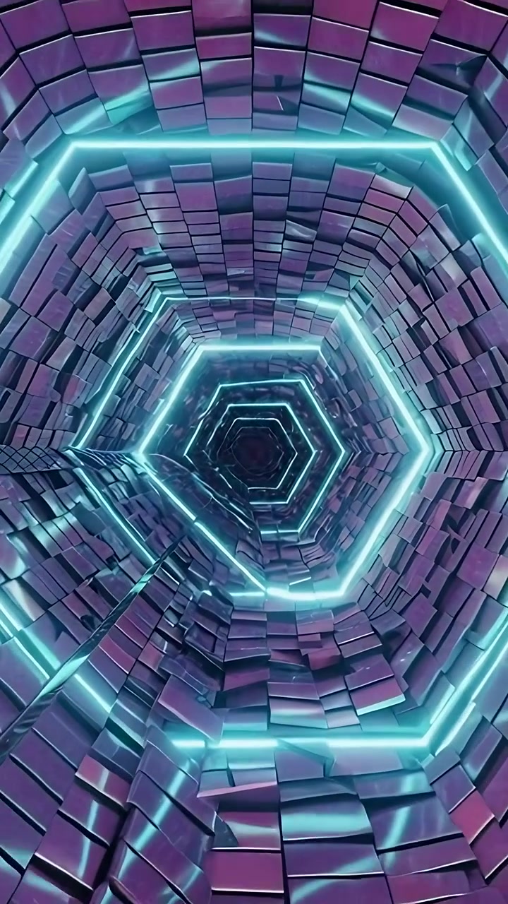 Vertical video: Advancing camera, hex corridor rippling tiles and showing central cyan seam in CGI