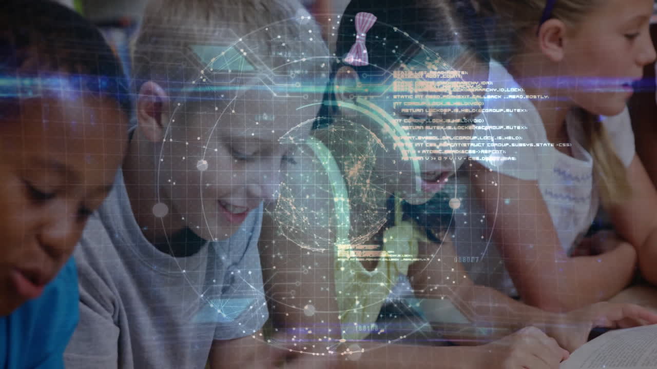 students exploring education technology in classroom using open book, hologram globe, network nodes