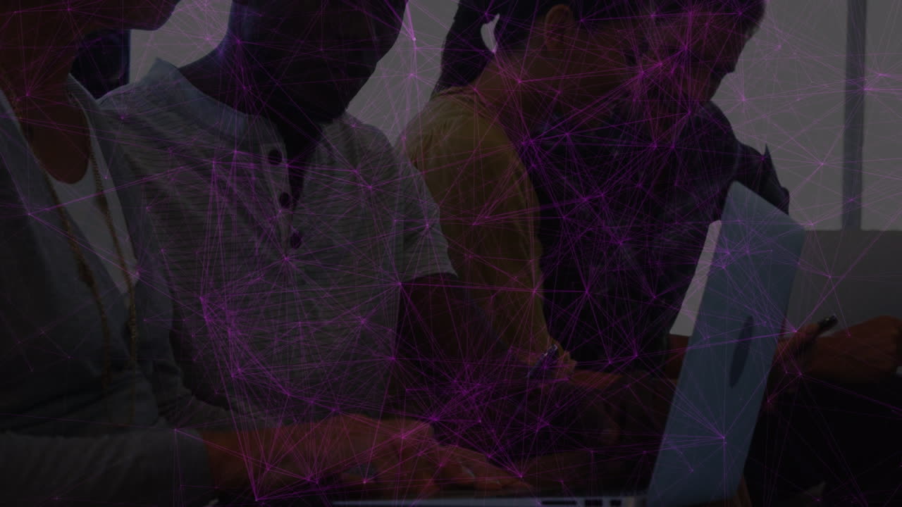 Animation of network of connections over diverse business people in office