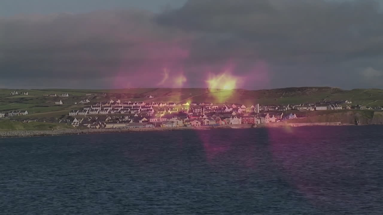 Coastal village animated illustration unfolding over sea, with houses on hillside under dark clouds