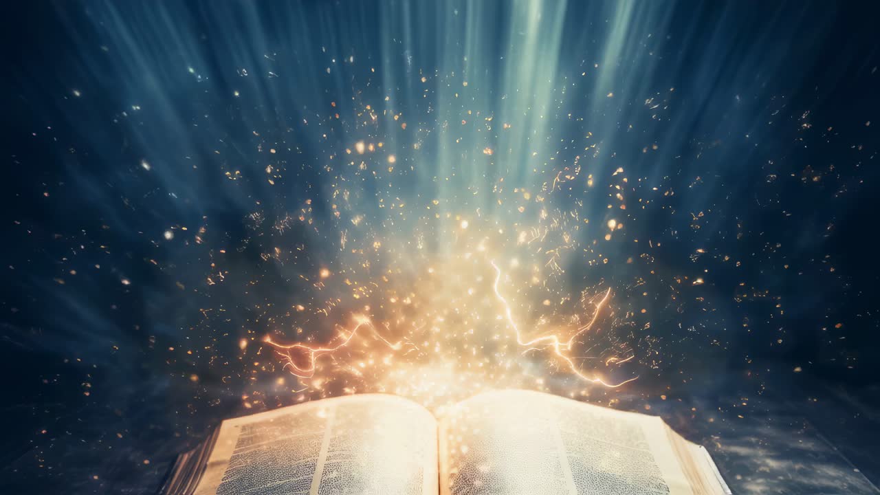 Open book radiating golden illumination, scattering sparkling particles across dark background, evoking magical mystical atmosphere for fantasy and spiritual imagery