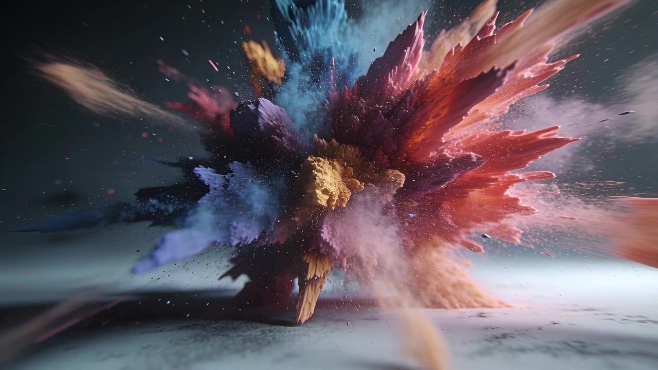 Nuvola di polvere multicolore centrale che si espande, sprigionandosi da un impulso improvviso in studio, con detriti.