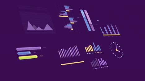 Animation-of-statistics-and-financial-data-processing-over-purple-background