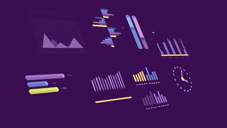 animación de estadísticas y procesamiento de datos financieros sobre fondo púrpura