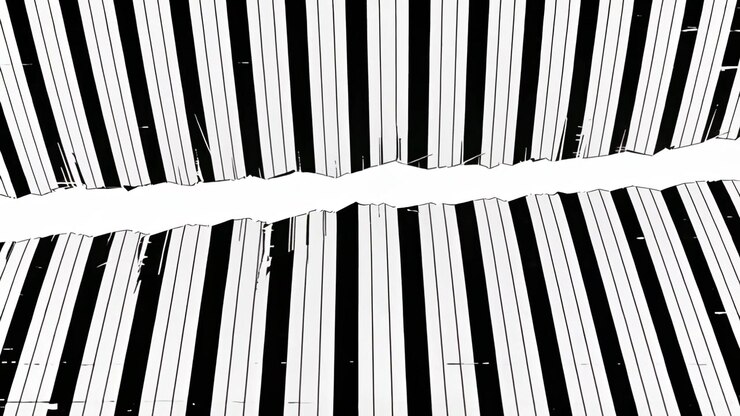 Morphing two b and w vertical striped planes on play shifting jagged seam, with scratches